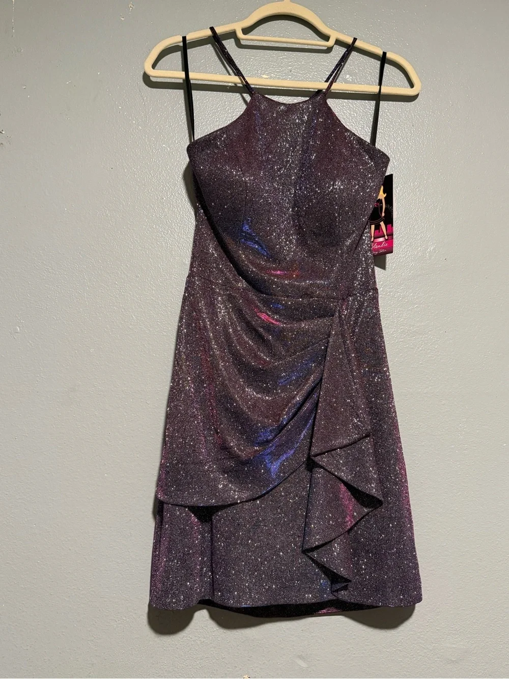 NWT Blondie Nites Glitter Ruffled Mini Dress - Purple size 5